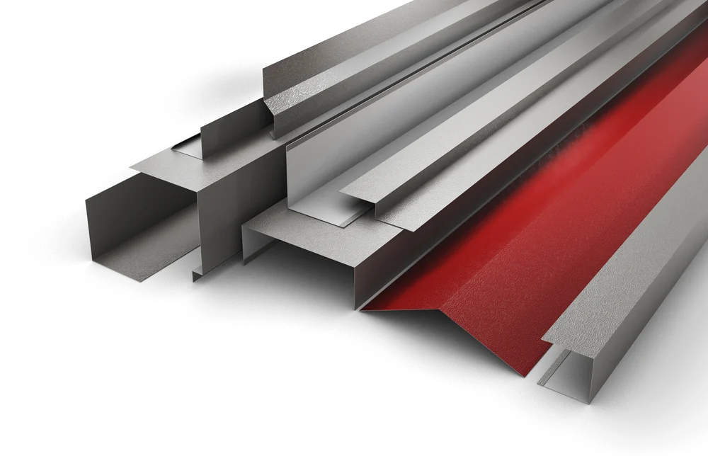 Folded flashings in anthracite, silver and red, stacked